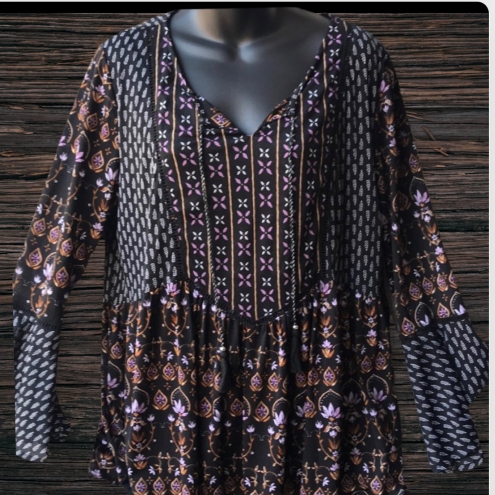 Style & Co. Black Floral Print Boho Peasant Blouse with Purple and Brown Accents